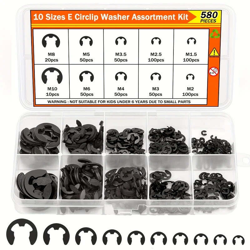 580PCS E-Clip Kit, 10 Sizes Black Alloy Steel Retaining Rings (M1.5 M2 M2.5 M3 M3.5 M4 M5 M6 M8 M10) for Bearings Gears Pulleys
