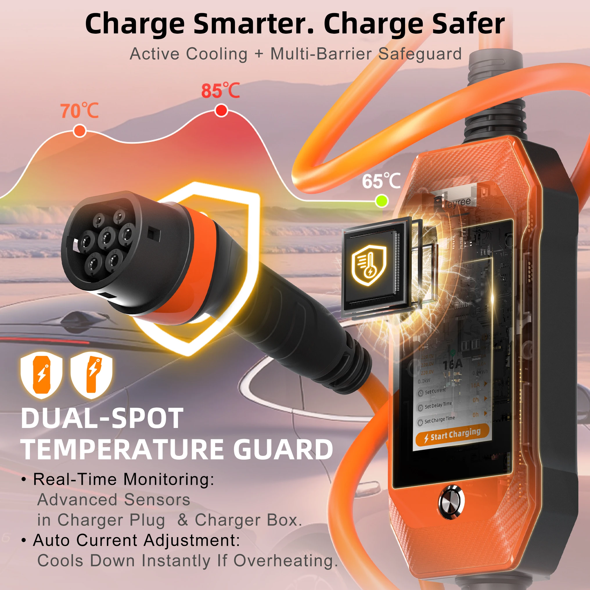 Cargador Portátil para Vehículos Eléctricos Feyree Tipo 2 de 11kW con Pantalla Táctil de 4.3'', Protección DualTemp y Registro de Historial en la Aplicación