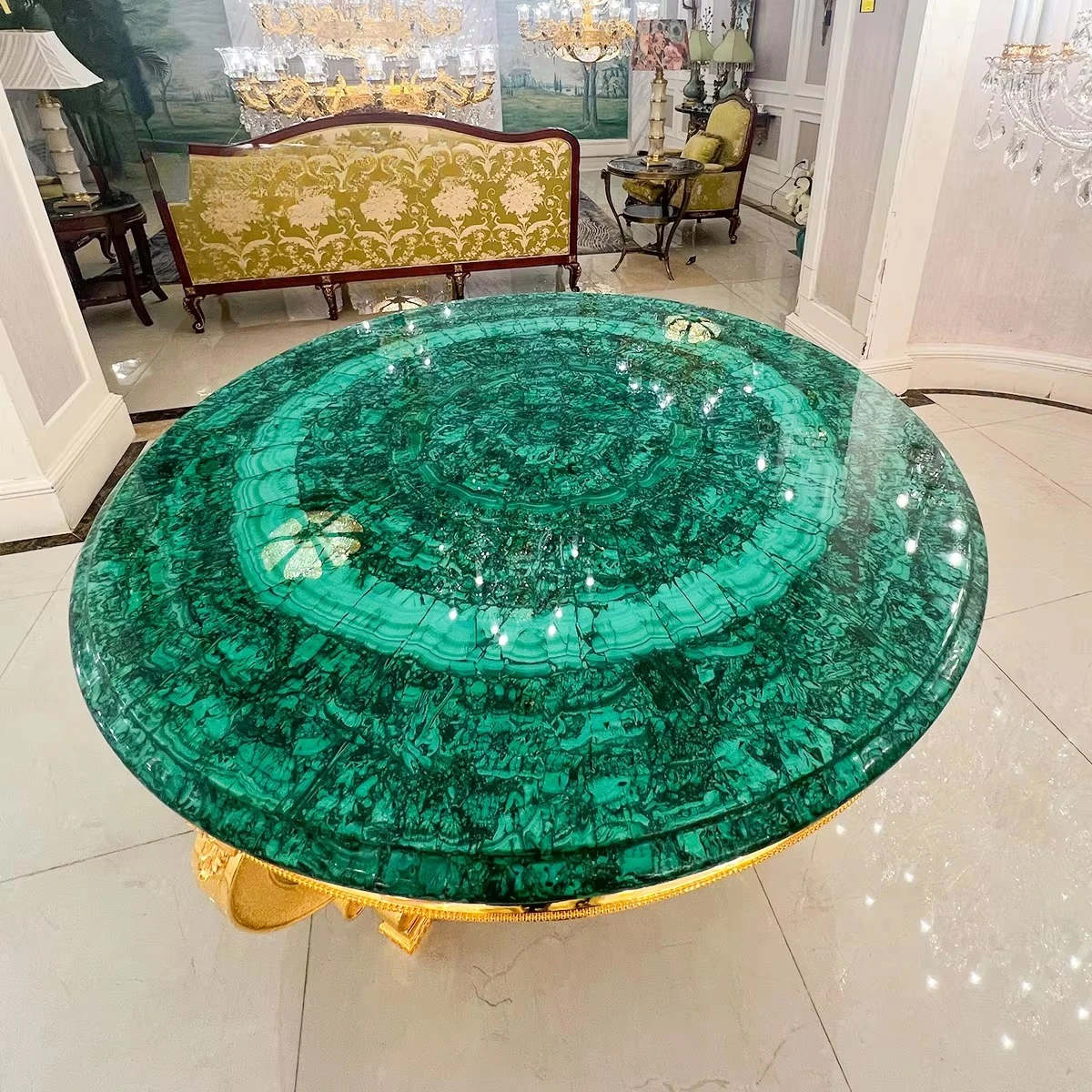 Villa Hotel Palace Classic Green Semi-Precious Round Malachite Center Table