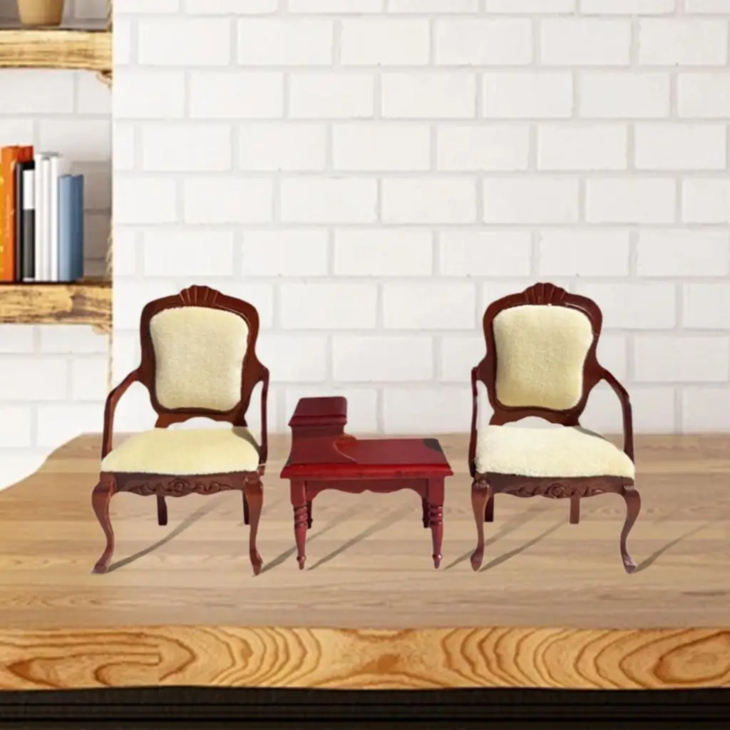 3 Pieces 1:12 Scale Wooden Doll House End Table and Armchairs Miniature Living Room Set Simulation Life Scene Mini Furniture