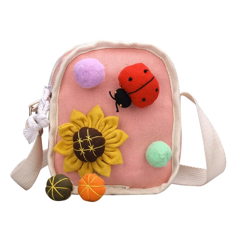 Cute Cartoon Ladybird Sunflower Kid Canvas Shoulder Bag Doll Accessories Satchel Kindergarten Girls Boys Messenger Crossbody Bag