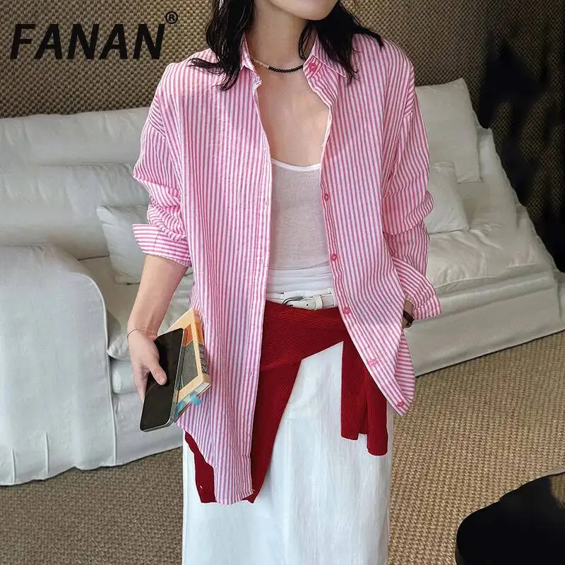 

FANAN Summer New Korean Style Fresh Casual Vertical Striped Loose Fit Shirt For Women Lightweight Long Sleeve Top Women's