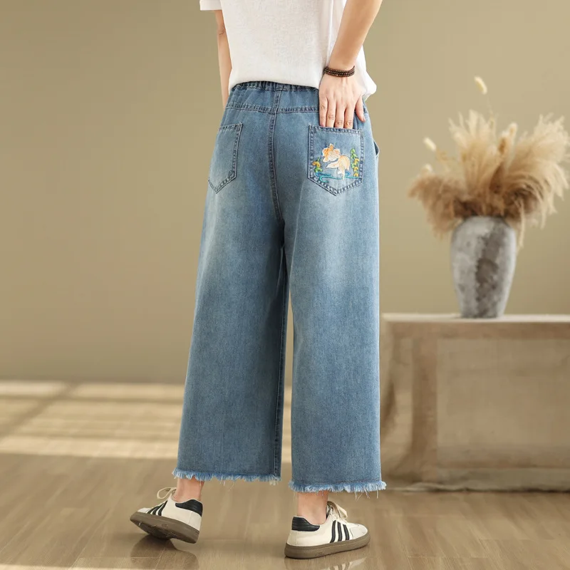 Japanese Vintage Mori Girl Cartoon Flower Embroidery Denim Cotton Pants Women High Elastic Waist Casual Loose Wide Leg Jeans