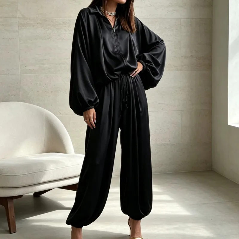 2026 New Autumn/Winter Women's Pants Set Solid Color V-neck Comfortable Close Fitting Fashion Versatile Soft Simple Pants Set