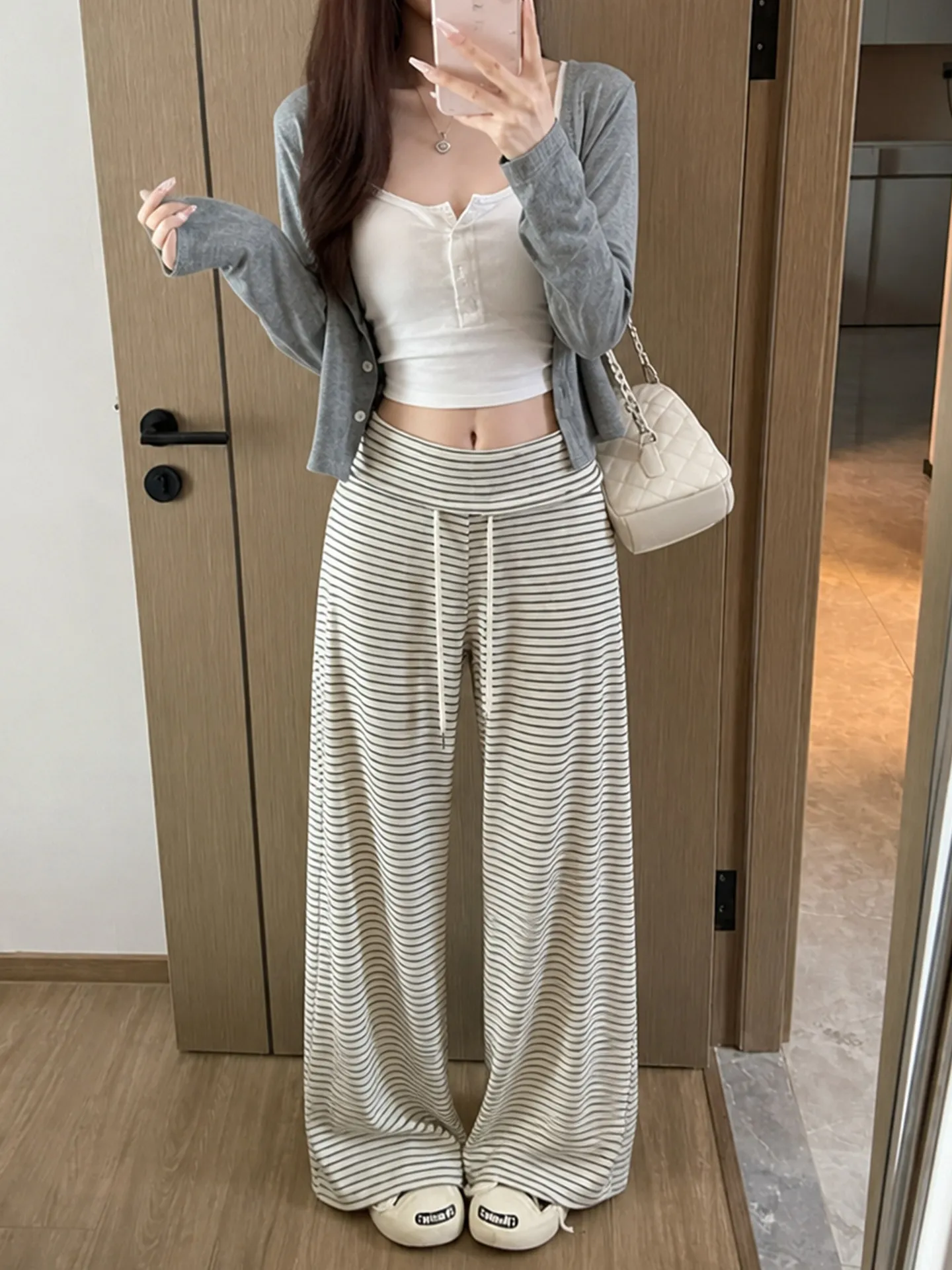 Ladies High Waist Straight Leg Wide Leg Pants Drawstring Lazy Stripe Trousers Autumn New Loose Casual Floor-Length Pants