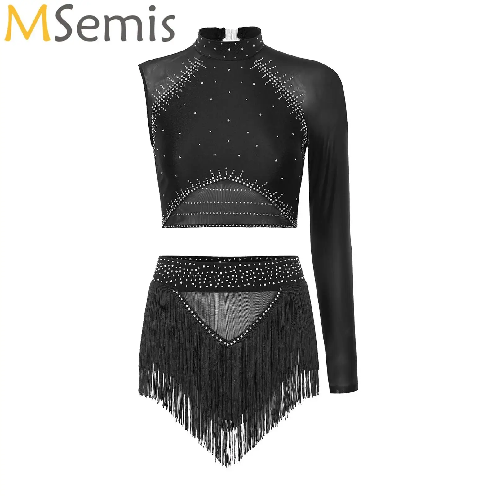 

Womens Figure Skating Dance Outfit Backless Asymmetrical Crop Top and Tassel Shorts 2-piece Suit for Training Stage Performance