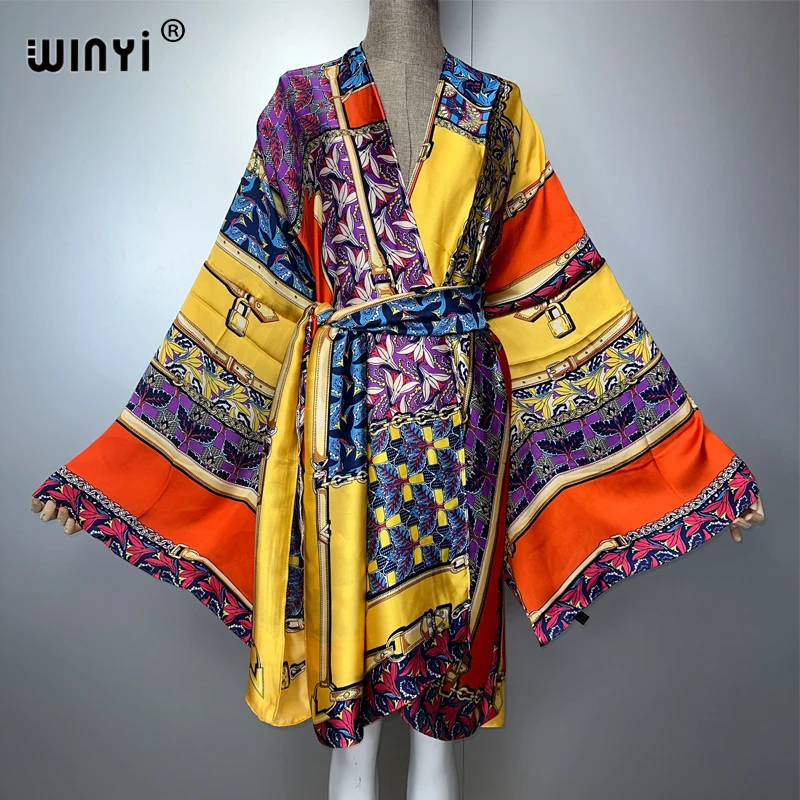 

WINYI Summer kimono beach outfits women Swim Suit Cover up boho Cardigan stitch Self Belt sexy Holiday long Sleeve print coat