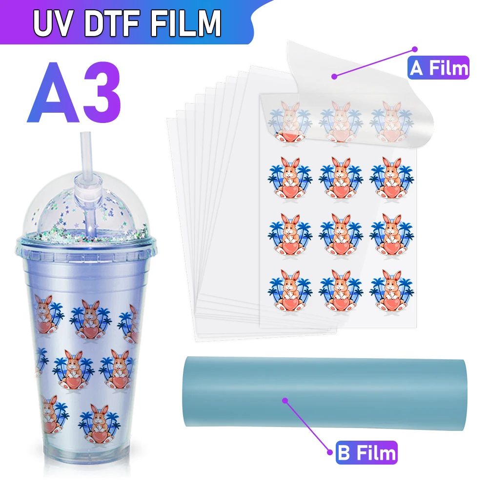 ฟิล์มสติกเกอร์ A3 A3 UV DTF พิมพ์ฟิล์มและถ่ายโอนฟิล์ม B ไม้คริสตัลอะคริลิคฟิล์มฉลากทั้งหมดสำหรับเครื่องพิมพ์ฟิล์ม DTF UV