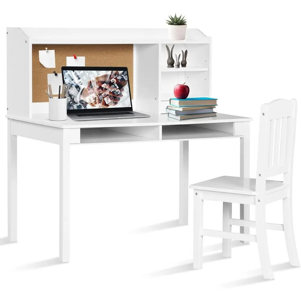 

Белый деревянный детский стол и стул с ящиком для хранения вещей, полками и пробковой доской для кабинета, спальни или гостиной