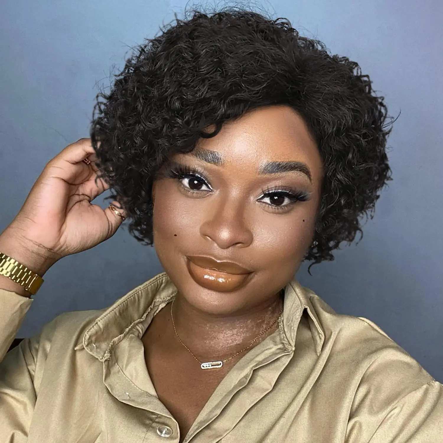 アフロカーリーショートピクシーカットフルマシンメイドウィッグ人毛女性用ナチュラル1bカラー