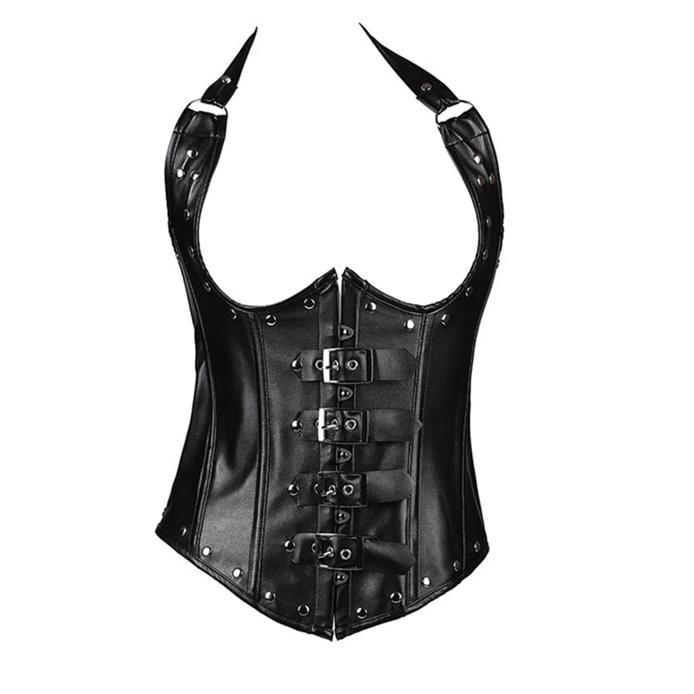 Women Gothic PU Faux Leather Corsets Vest Top Sexy Halter Buckled Waist Trainer Underbust Corset Steampunk Plus Size Shapewear