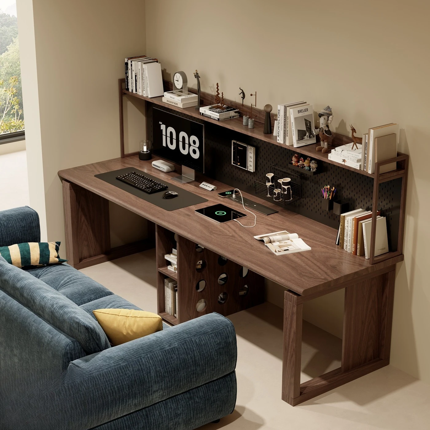 Nordic solid wood double computer desk against the wall de sk bookshelf integrated large  board long workbe nch