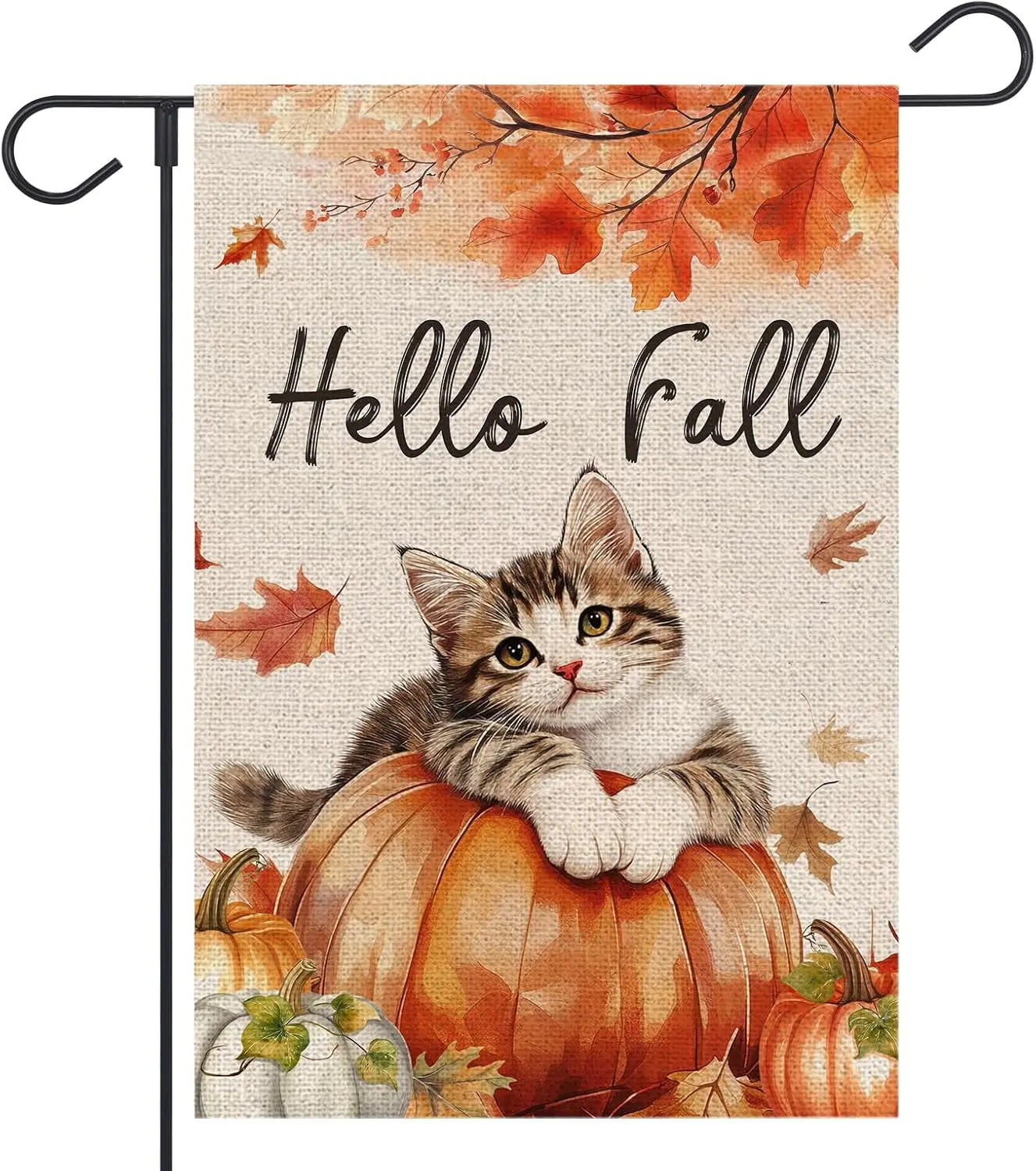 Hello Fall Cat Garden Flag 12x18 Double Sided Autumn Pumpkin Maple Leaves Burlap Flag for Seasonal Holiday Outside Yard Outd SSL