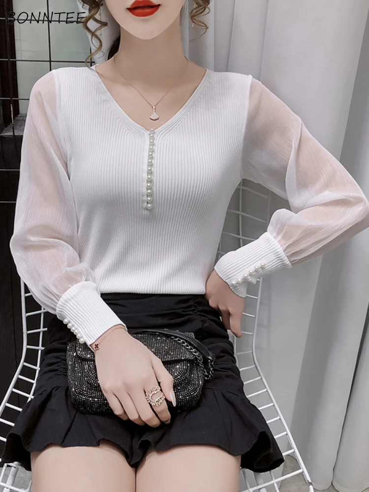 

Elegant Blouses Women Fashion Simple Chiffon Patchwork All-match Temper Casual Office Lady V-neck Gentle Aesthetic Clothing Ins