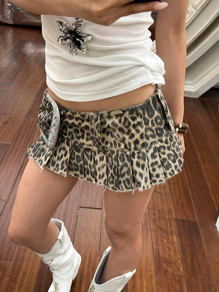 กระโปรงเอวต่ำทรงเอ ลายเสือดาว สไตล์ Y2K มิลเลนเนียม สไตล์อเมริกัน ดีไซน์สาวฮอต ทรงบาน