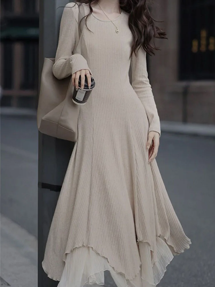 

Knitted Long Dress Women Elegant Fashion Dresses Female Vintage Irregular Mesh Dresses Ladies Autumn Winter Long Sleeve Robes