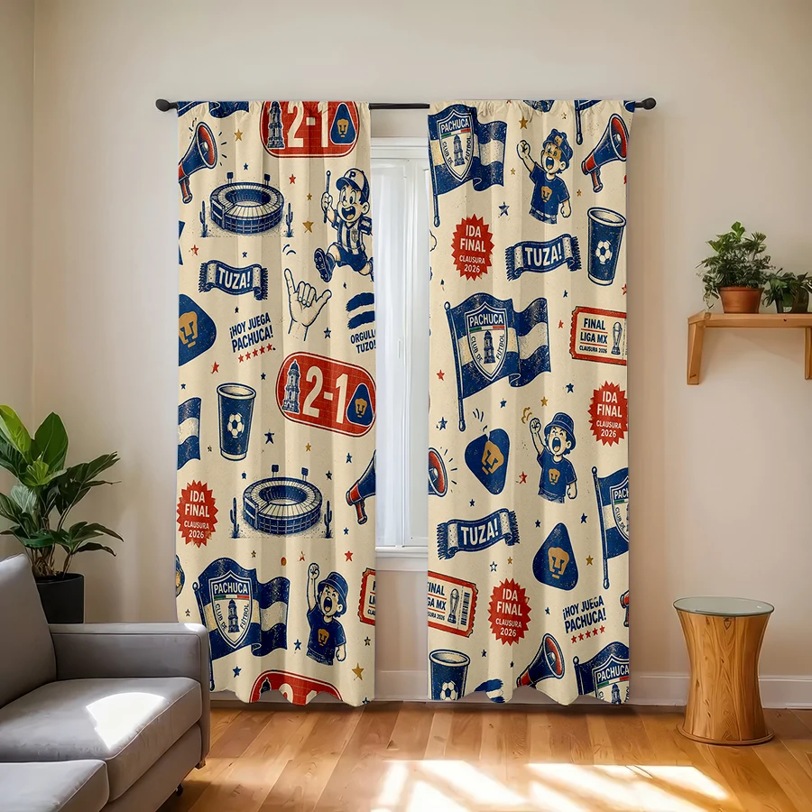 2PCS Curtains, Vintage Distressed Doodle Allover Print With Pachuca Football Club Cartoon Fans, Team Badges, Flags, Stadium, 2-1