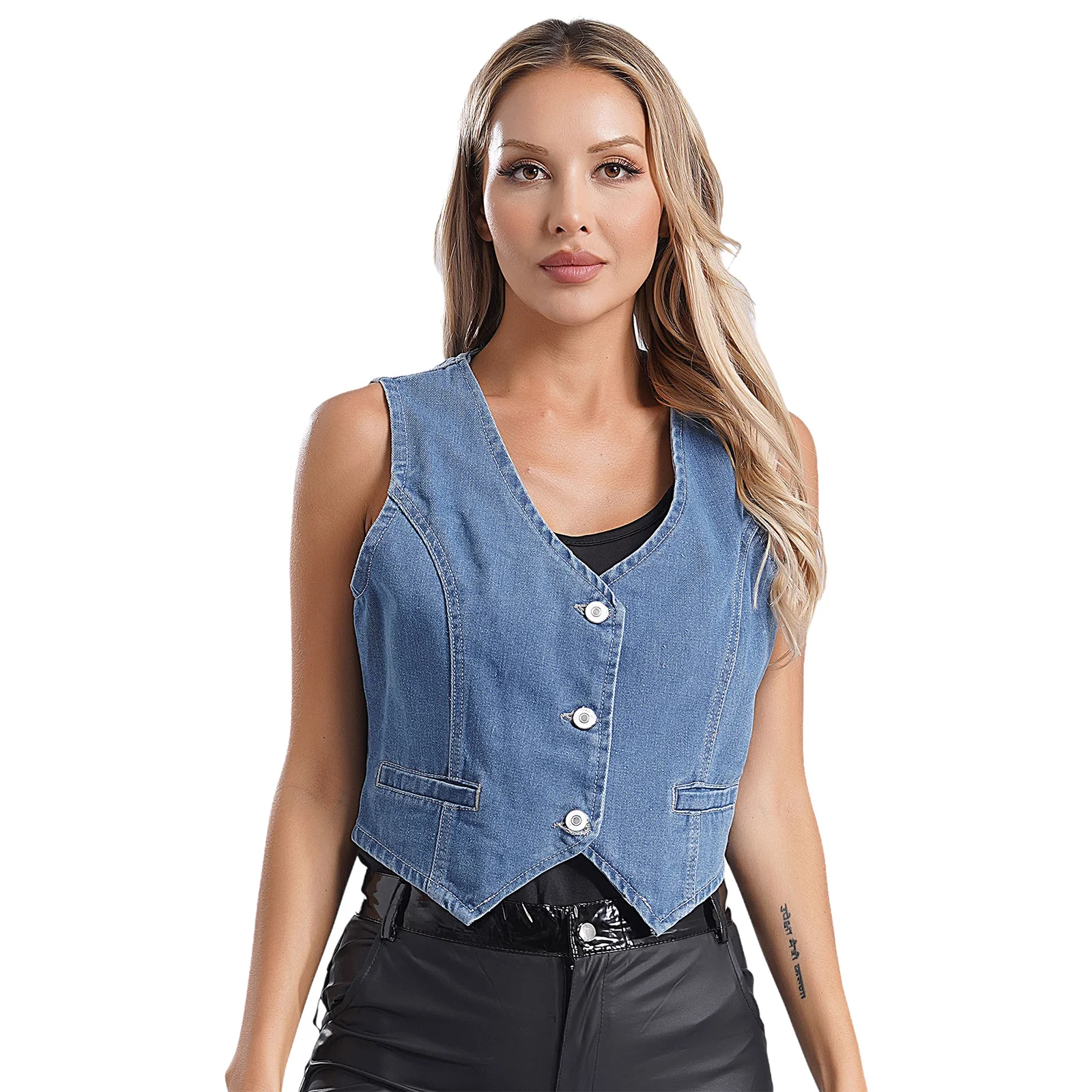 

Womens Fashion Denim Waistcoat Vest V Neck Sleeveless Button Down Irregular Hem Jean Crop Tops Casual Female Outerwear