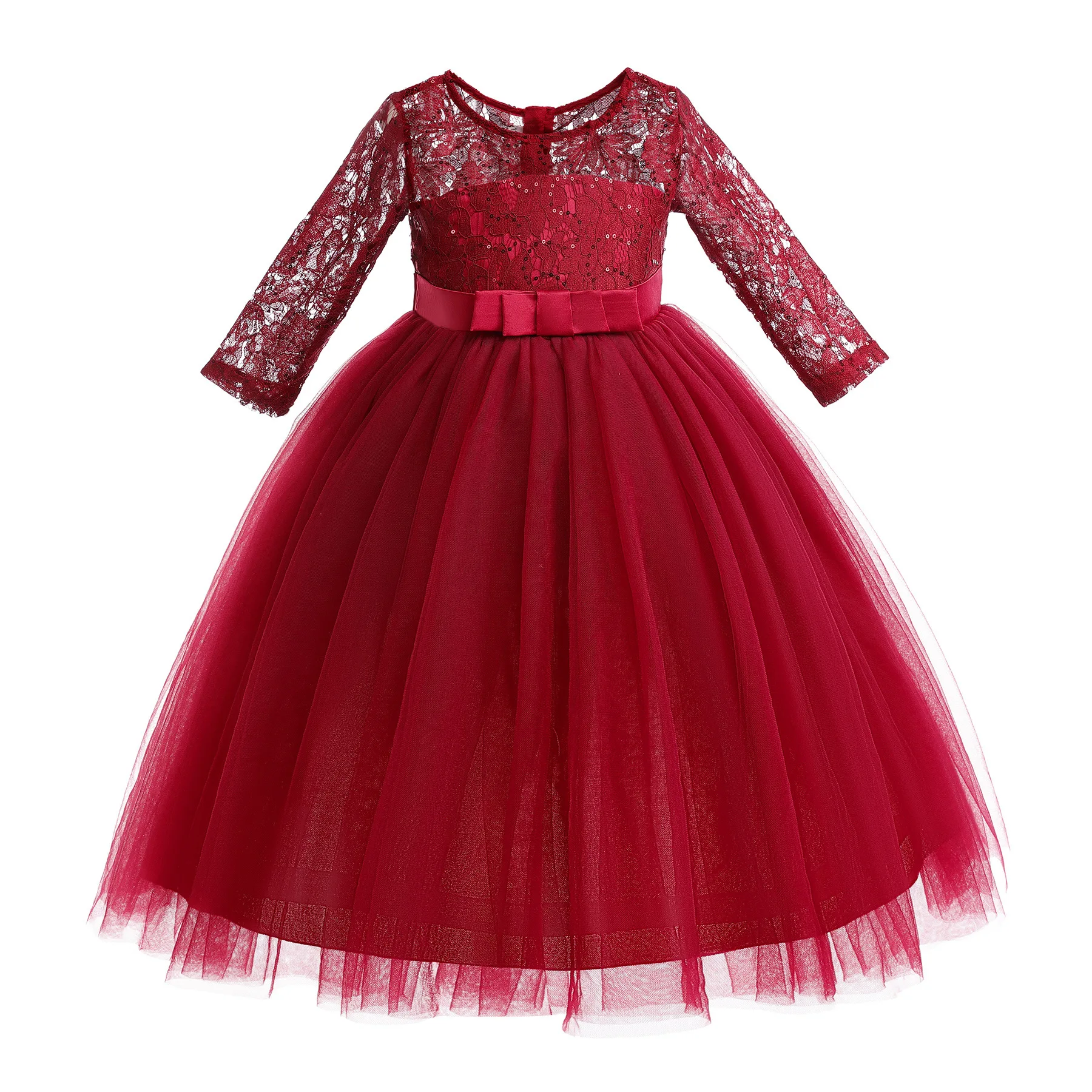 HETISO Kids Girls Princess Dress Hollow Lace Christmas Halloween Fancy Party Gown Long Sleeve Red Tulle for 6 8 10 12 Years