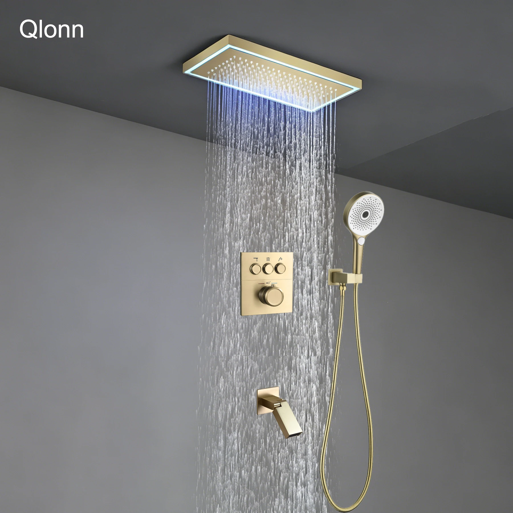 

Элитный душевой набор Qlonn Luxury с 2/3 функциями, хромированный, умный, 400*200 мм, со светодиодной подсветкой, тропическим душем и термостатическим переключателем для ванной комнаты