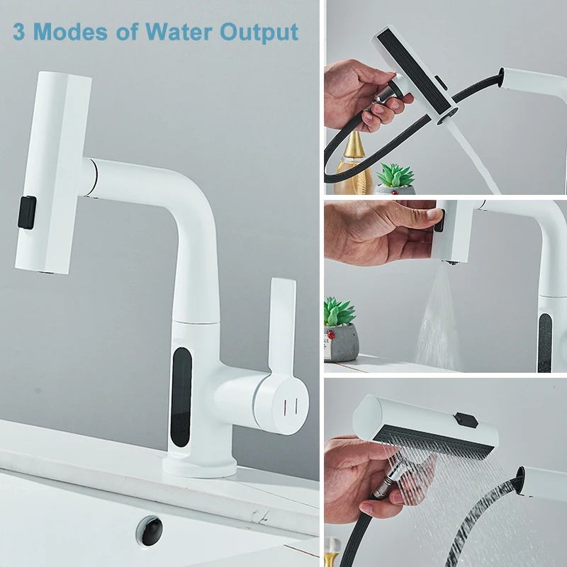 Digital Display Basin Faucet Pull Out Lifting Bathroom Faucets 3 Ways Nozzle Rainfall Stream Sprayer Hot Cold Water Mixer Tap