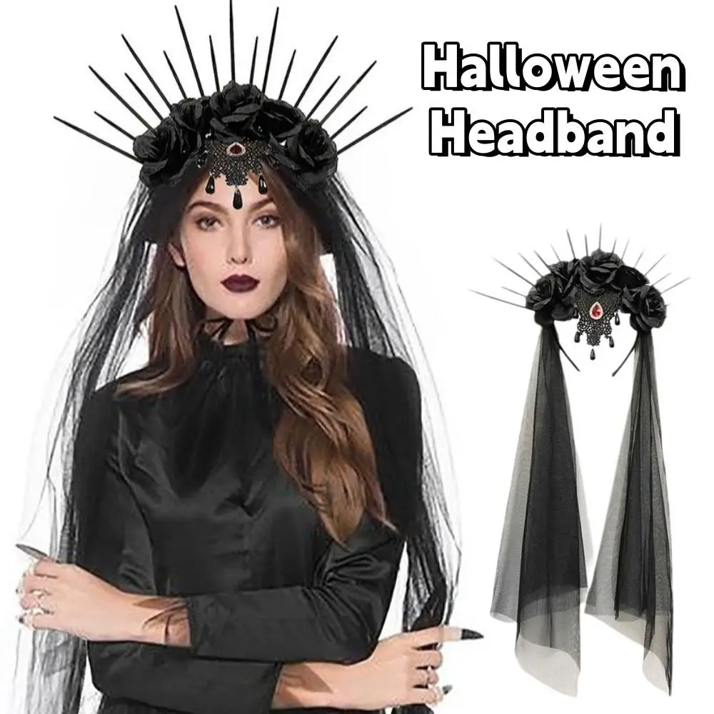 

Headdress Mesh Halloween Headband Rhinestone Gothic Veil Headband Crown Black Bride Hairband Halloween Decor