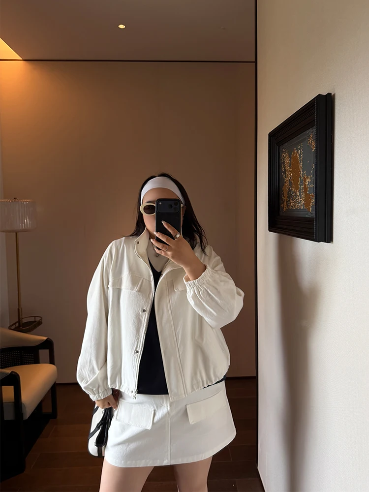 

Loose Fit Zipper Stand Collar Jacket And Short Skirt Set plus Size Women's Fashion Outfit Retro Style Commute Friendly Spring...