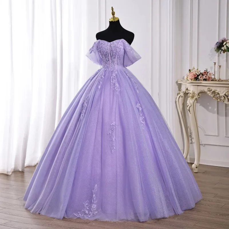 2026 New Women's Sexy Off-Shoulder Embroidered Purple Evening Gown Fashion Slimming Floor-Length Tie-Up Princess Dress