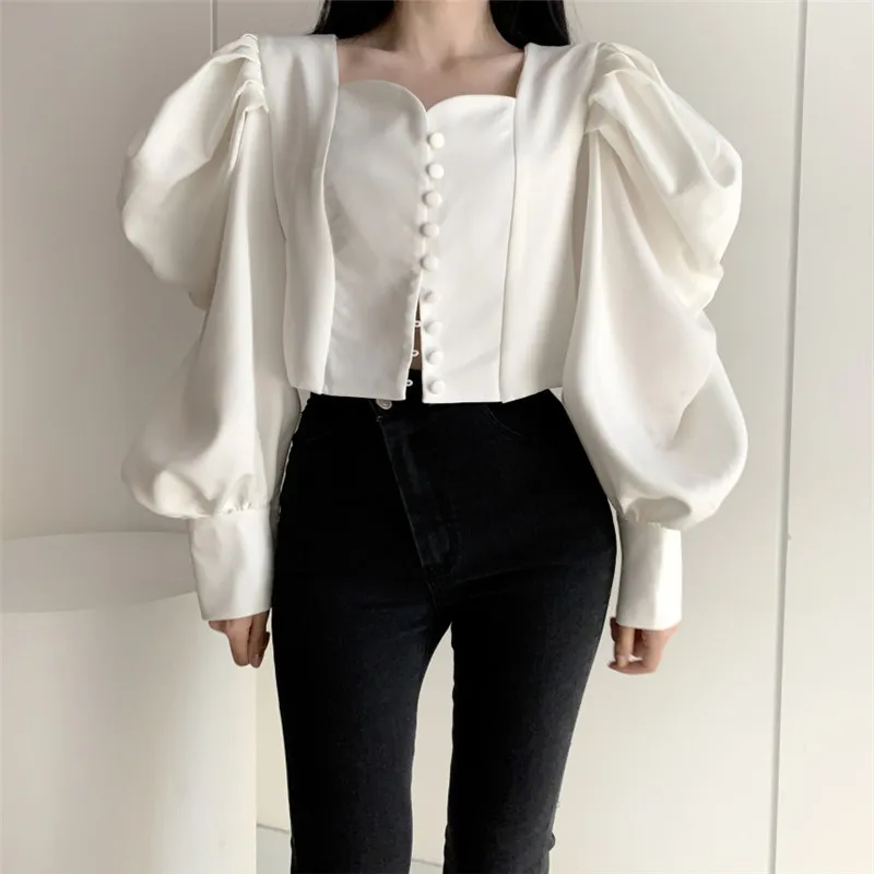 

Black White French Retro Square Collar Slim Blouse Women Long Lantern Sleeve Buttons Short Shirt Spring Fashion Chic Girl Top