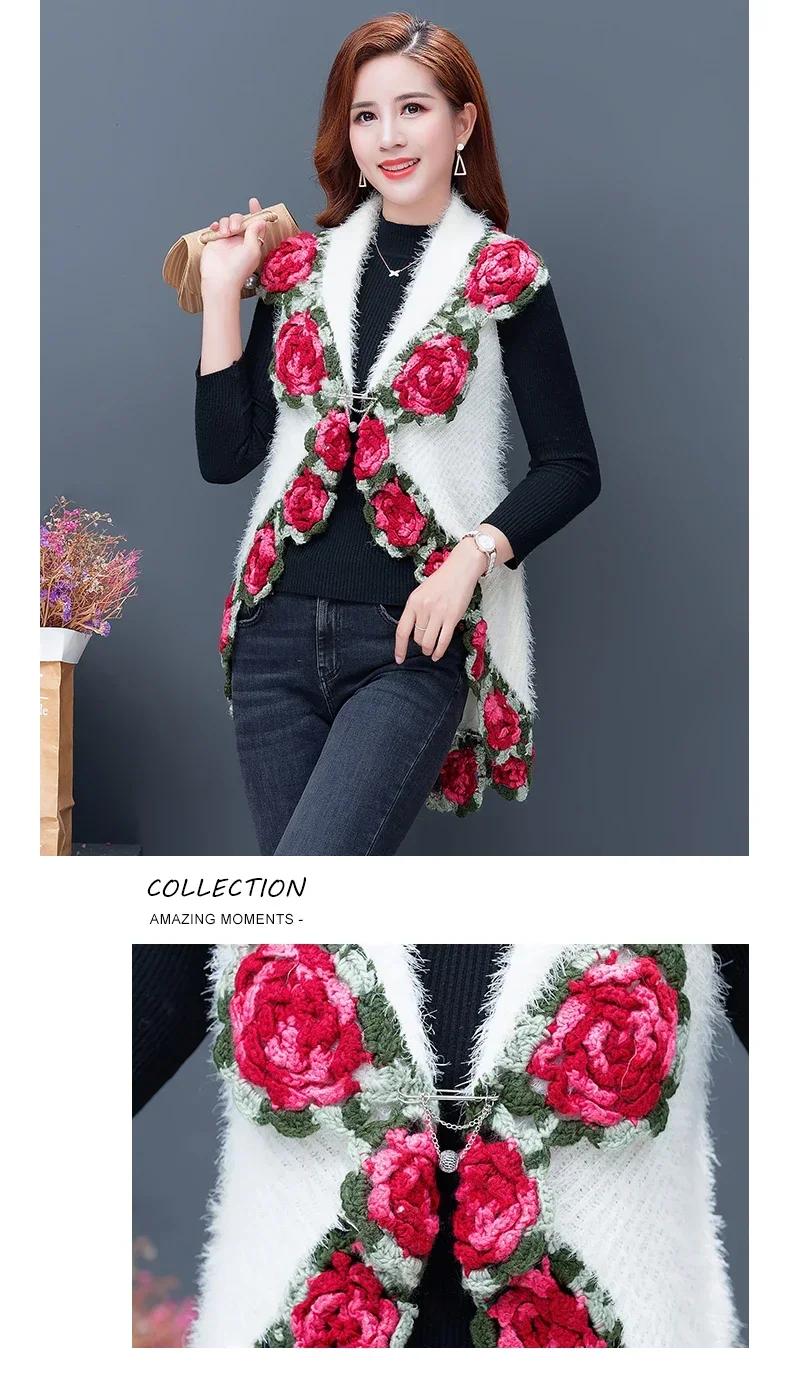 winter women mohair knitted wraps cargidans lady sleeveless embroidery rose sweaters women crochet flower swing sweaters dis5