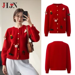 Autumn Women Knitwear Cardigan Red Jacket Single-Breasted Slim Fit Christmas Dolls O-Neck Sweater Casual Coat Fashion Girl Tops