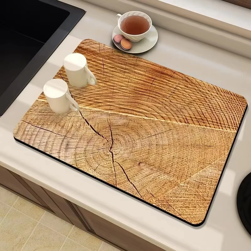 VIKAMA Vintage Tree-Ring Wood-Grain Tableware Drainer, Non-Slip Countertop Mat, Kitchen Dish Drainer, Coffee Home Decor