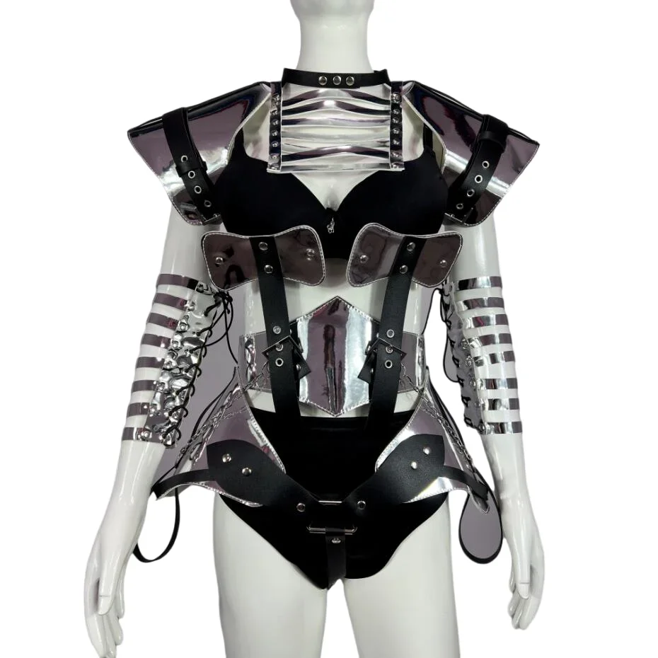 Kombinezon ze sztucznej skóry w kolorze złotym, stylizowany na futurystyczną zbroję, kostium sceniczny dla piosenkarza, tancerza, na karnawał, rave, odzież klubowa, strój dla tancerki VDB6154