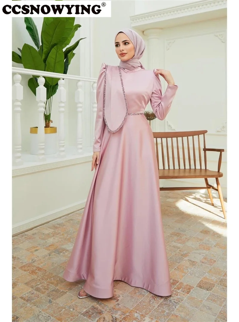 

Pink Satin Beaded Muslim Evening Dress Full Sleeve Hijab Islamic Prom Formal Party Gown High Neck Arabic Dubai Robe De Soiree