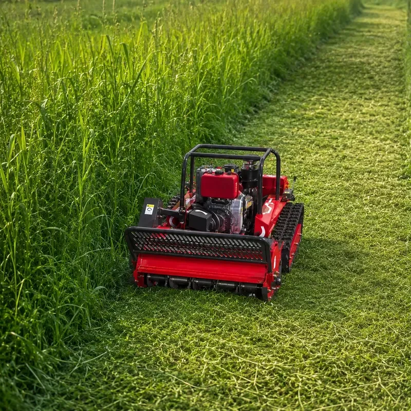 Hard Cutting Grass Mower with Radio Controlled Crawler Tracks for Large Area Agricultural and Industrial Land Cleaning