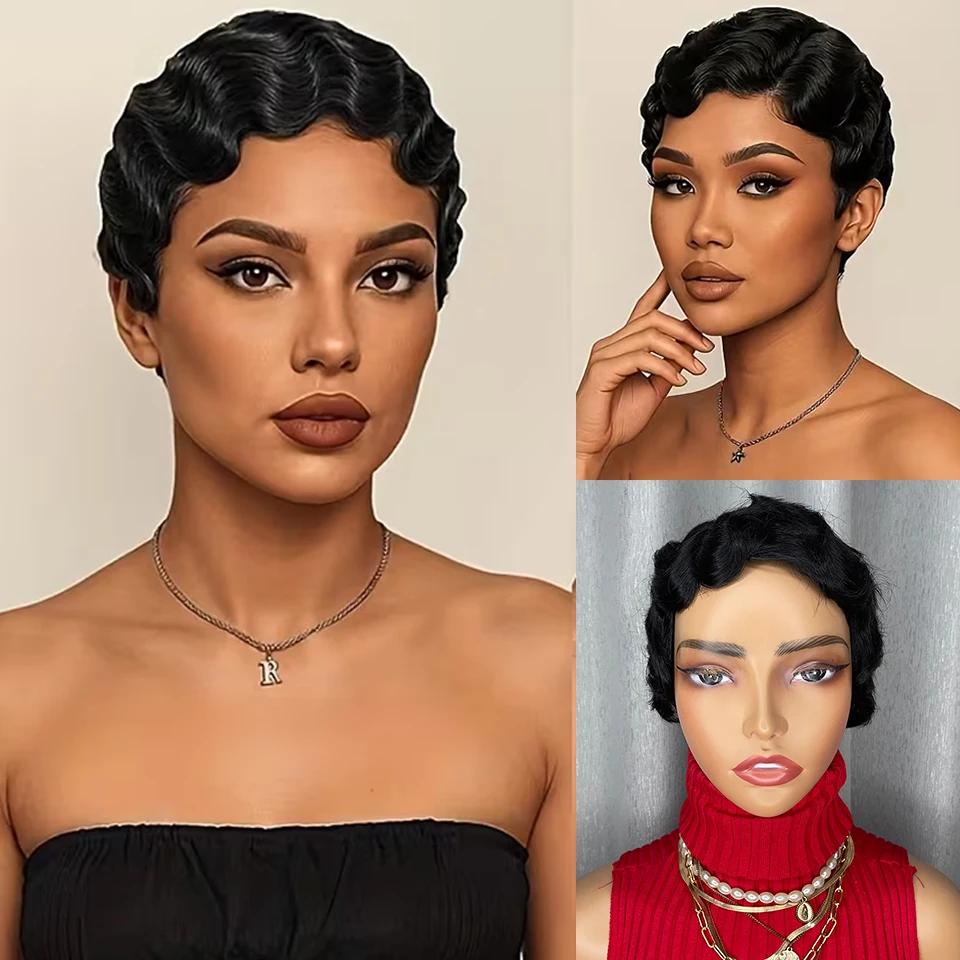 Peruka damska 4 cale, naturalny wygląd, vintage pixie cut, finger wave, z ludzkich włosów, w pełni wykonana maszynowo, krótka peruka, uniwersalna do codziennego noszenia.