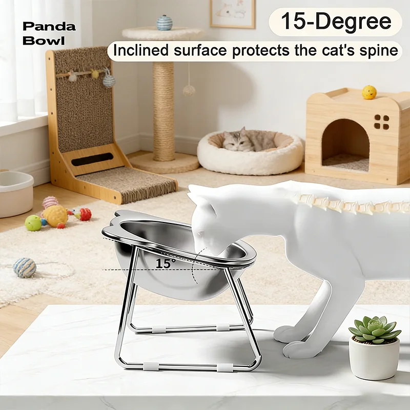 Food Bowl 304 Stainless Steel Shatter-resistant Elevated 15° Pet Supplies For Puppy Cat Raised Cat Bowls Tilted Neck Guard Cat