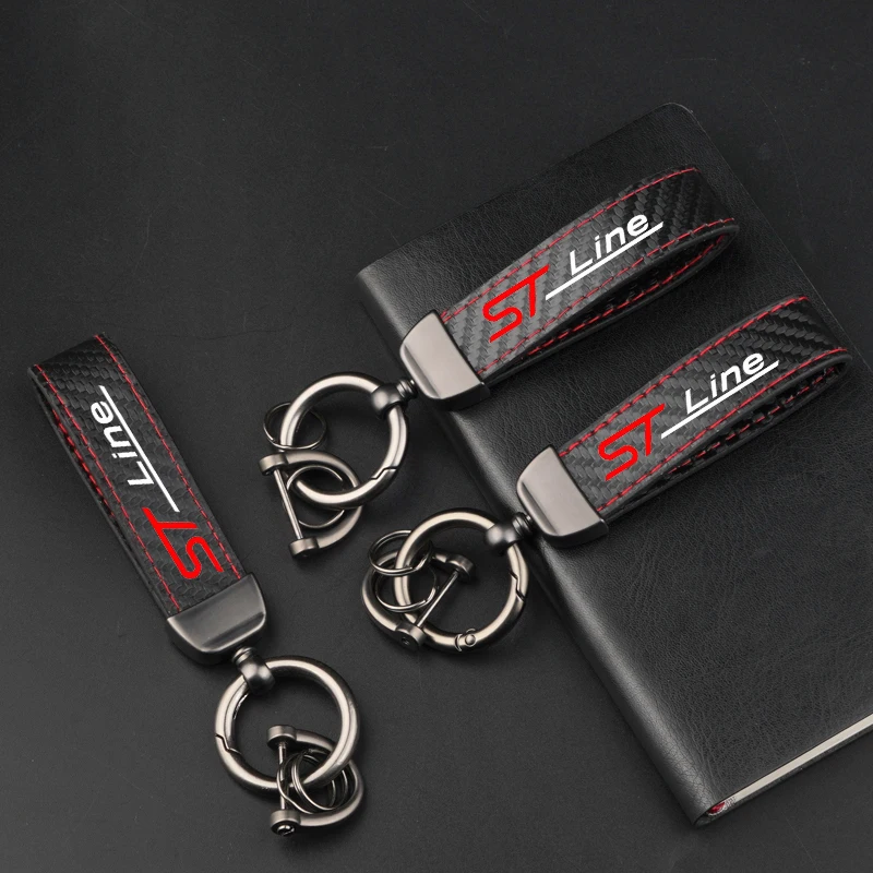 Leather Carbon Fiber Car Ring Keychain Trinket Zinc Alloy Keyrings Rotate 360 Degrees For Ford ST Line Focus Mondeo Fiesta Kuga