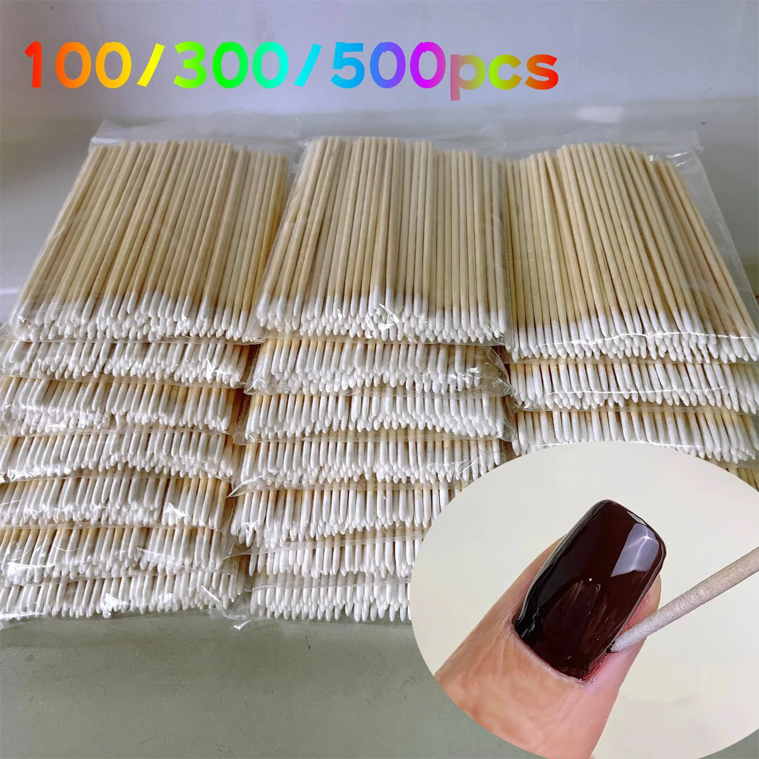 100/300/500pcs Manicure Scrubber Glue Tip Cotton Swab Stick Fine Wooden Stick Disposable Nail Groove Gap Cotton Stick Cleaning *