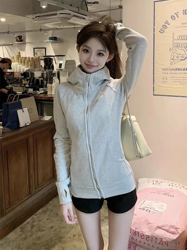 

Ретро-кардиган в американском стиле с капюшоном, женский приталенный топ для йоги, весенне-осенняя куртка с утяжкой на талии, дышащая, с длинными рукавами, на молнии