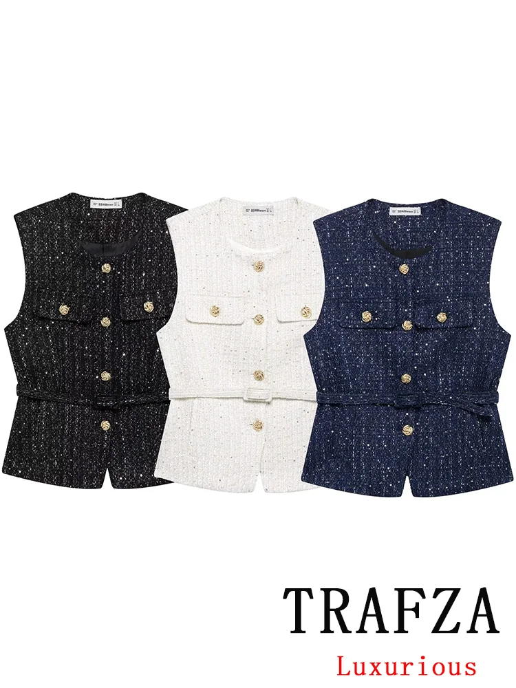 

TRAFZA Casual Chic Women Vest Solid O-Neck Buttons Sashes Twist Sleeveless Slim WaistCoats Fashion 2025 Spring Summer Coats