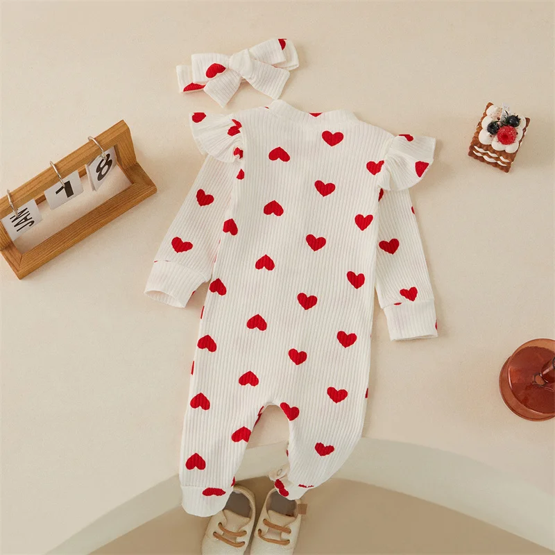 Tregren 0-18M Newborn Baby Girls Romper Sweet Heart Print Long Sleeve Crew Neck Jumpsuit With Bow Knot Headdress Fall Clothing