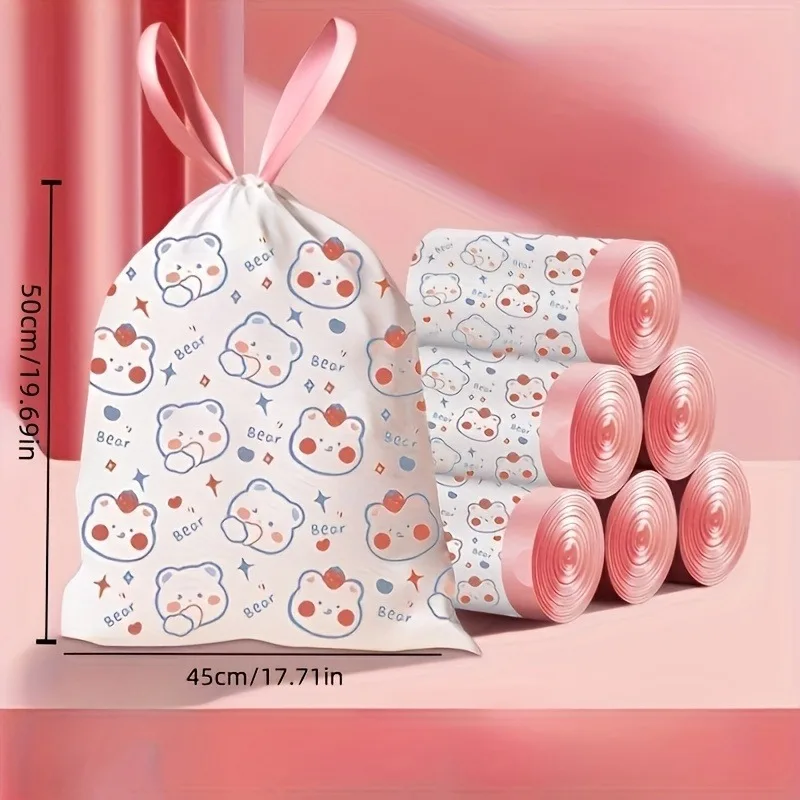 

100 Extra-Thick Plastic Trash Bags, Cute Bear Design with Drawstrings, Durable Garbage Bags for Bedroom, Dorm & Kitchen Use
