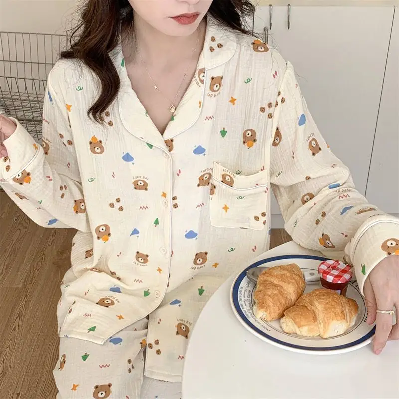 Bear Gauze Pajamas Spring and Autumn Long-sleeved Trousers Sleepwear Cartoon Printing Japanese Homewear Suit Women\'s Pajamas