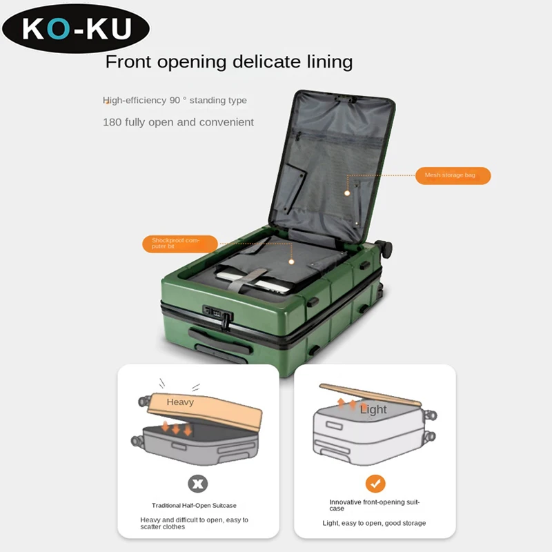 KO-KU Multifunctional Suitcase Front Opening Lid Female 20 Inch Business Trolley Case Male Boarding Luggage 24/26 with USB Port