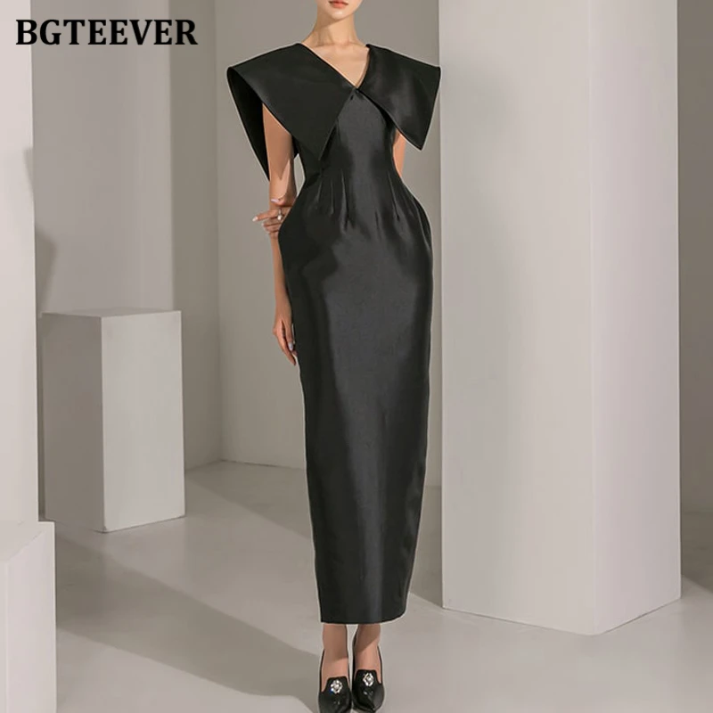 BGTEEVER élégant revers femmes paquet robe de hanche printemps été mode taille mince sans manches dames robe moulante