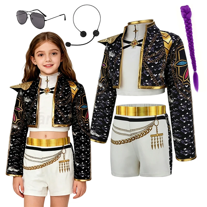 Girls Fashion Dance Costume Black Gold Jacket Matching Shorts Set Kids Stage Wear For Performance Show Cosplay Birthday Party