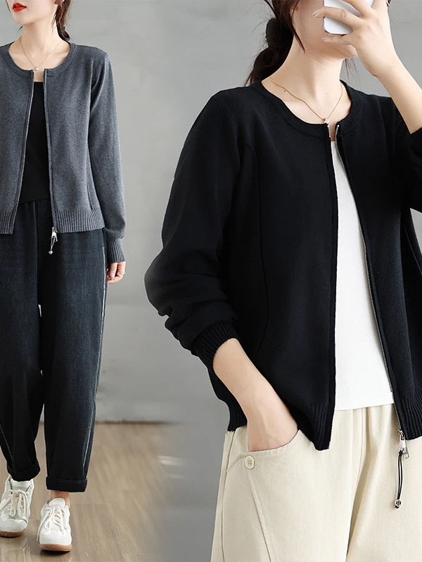 Cardigã F de Manga Longa com Zíper, Efeito Emaecedor, Cor Pura, Moda Outono Inverno, Suéter