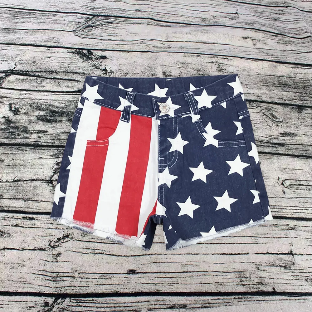 

Wholesale Baby Girl Denim Kids Children July 4th Toddler Pockets Stripes Stars Shorts Bottoms Jeans Elastic Clothes