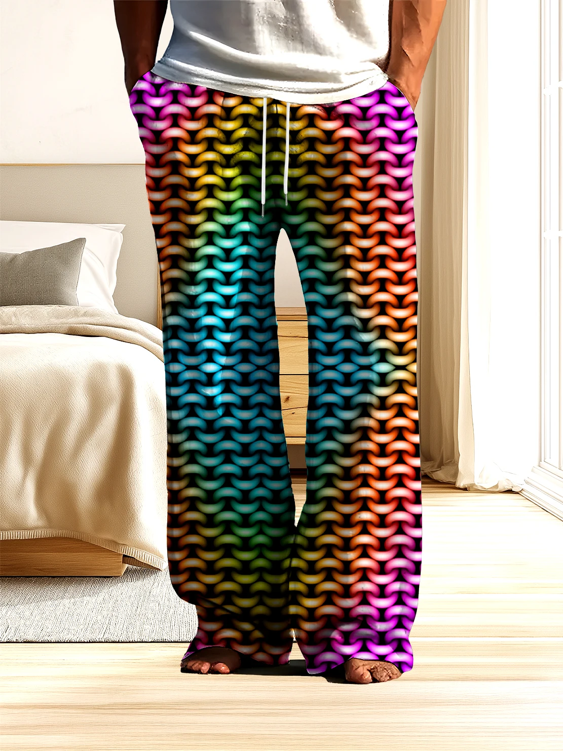 

New men's loose and comfortable 3D digital printed rainbow geometric pattern, fast drying non fading casual pants.